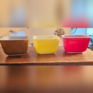 Pyrex Made In the USA 1.5 Cup Dishes Yellow, Red, and Brown, No lids